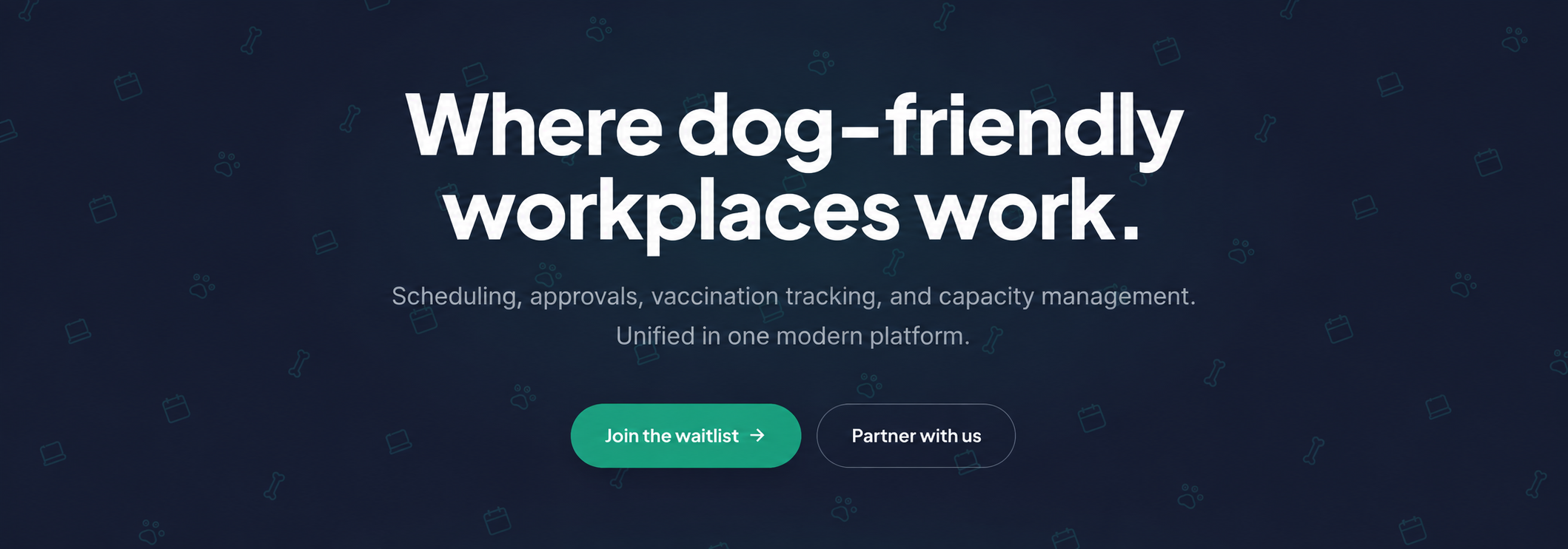 BarkBlock website hero: Where dog-friendly workplaces work, set against a subtle navy brand pattern