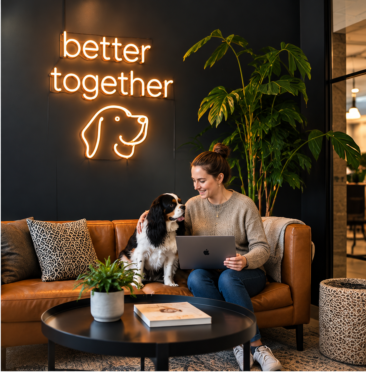 BarkBlock brand scene of an employee and dog beneath a better together sign