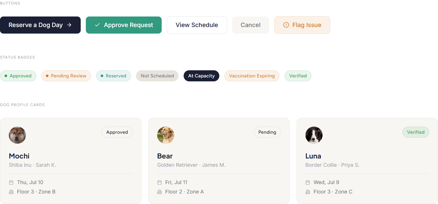 BarkBlock interface system with buttons, status badges, and dog profile cards