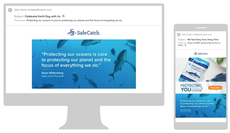 Desktop and mobile examples of the Safe Catch Earth Day email campaign