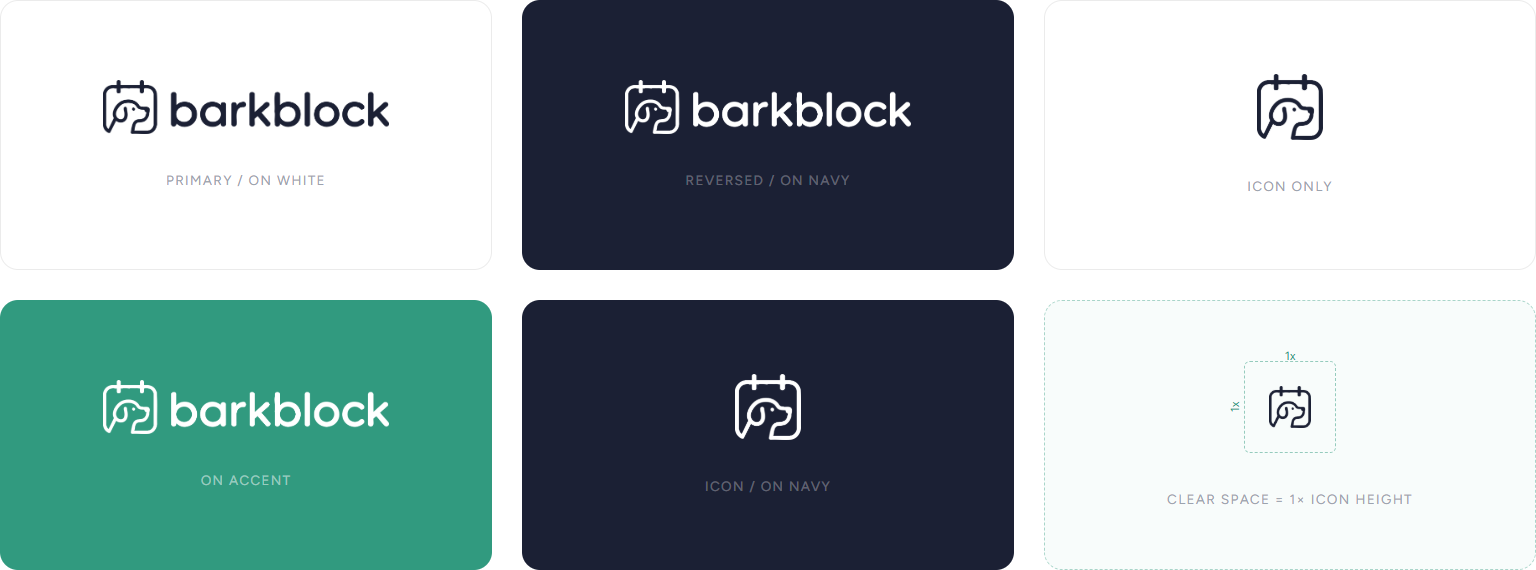 BarkBlock logo system showing primary, reversed, icon, color, and clear-space variations