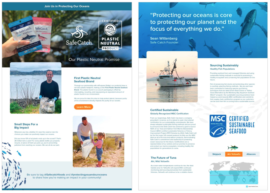 Campaign landing-page design connecting the Plastic Neutral partnership with Safe Catch’s broader ocean sustainability story