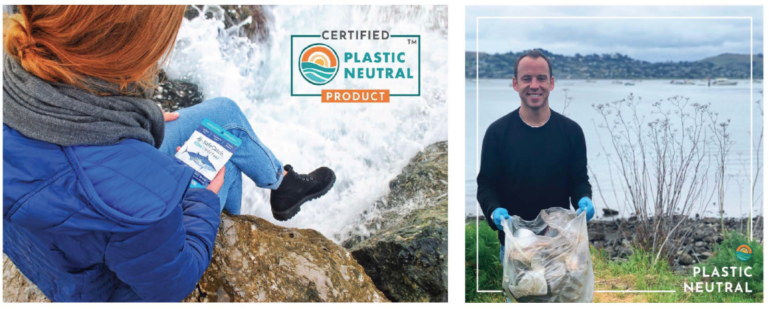 Earth Day social creative pairing Safe Catch products with Plastic Neutral certification and community cleanup imagery