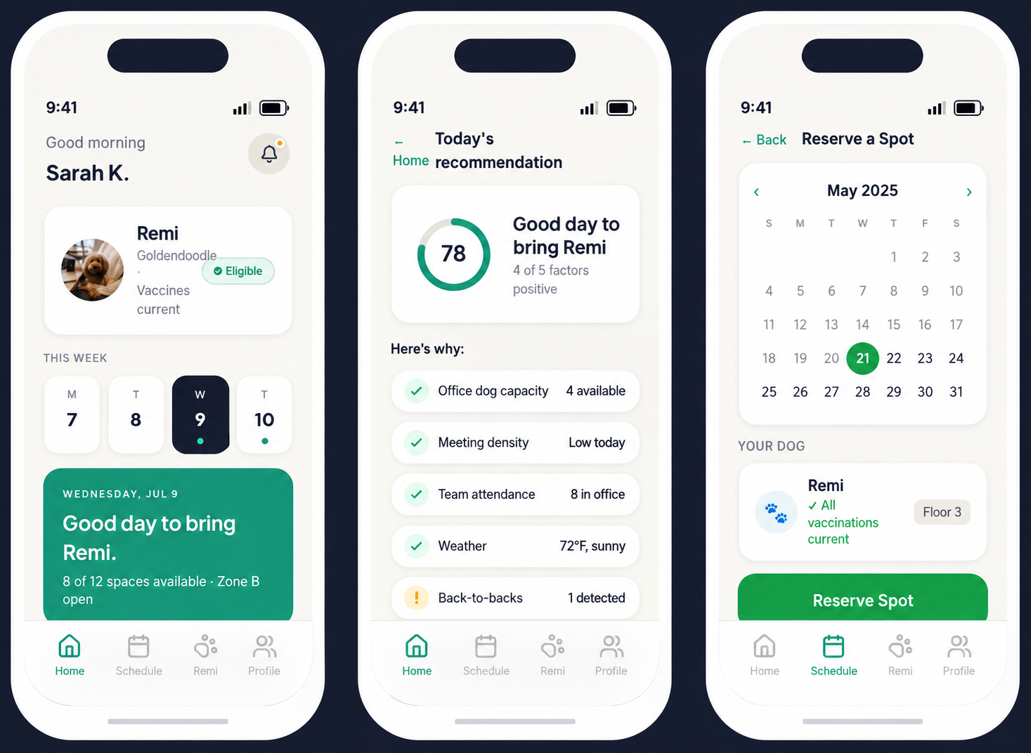Website app views: home dashboard, daily recommendation, and dog-day reservation