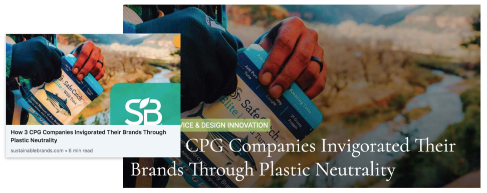 Sustainable Brands feature about consumer brands and plastic neutrality, including Safe Catch