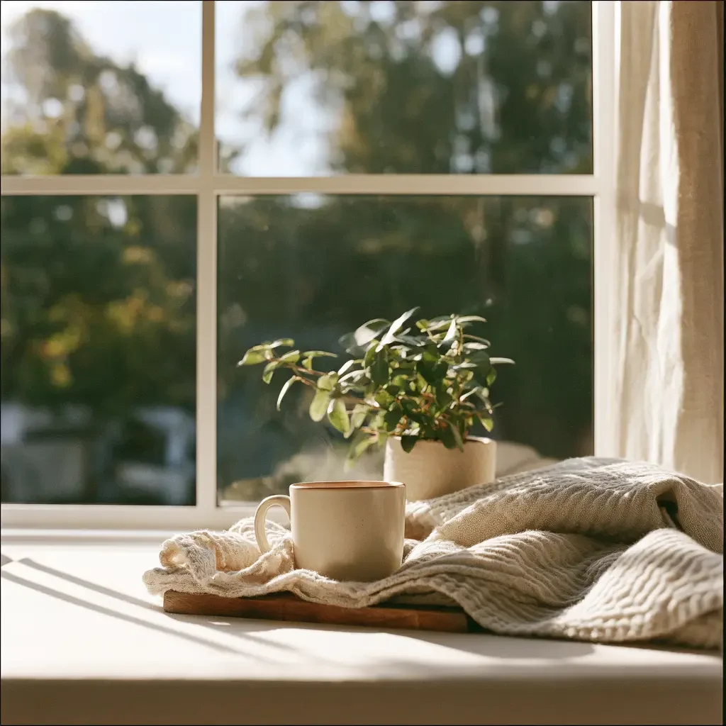 A bright, airy still life in soft natural daylight: a warm cup, a small plant, and a folded blanket by an open sunlit window.