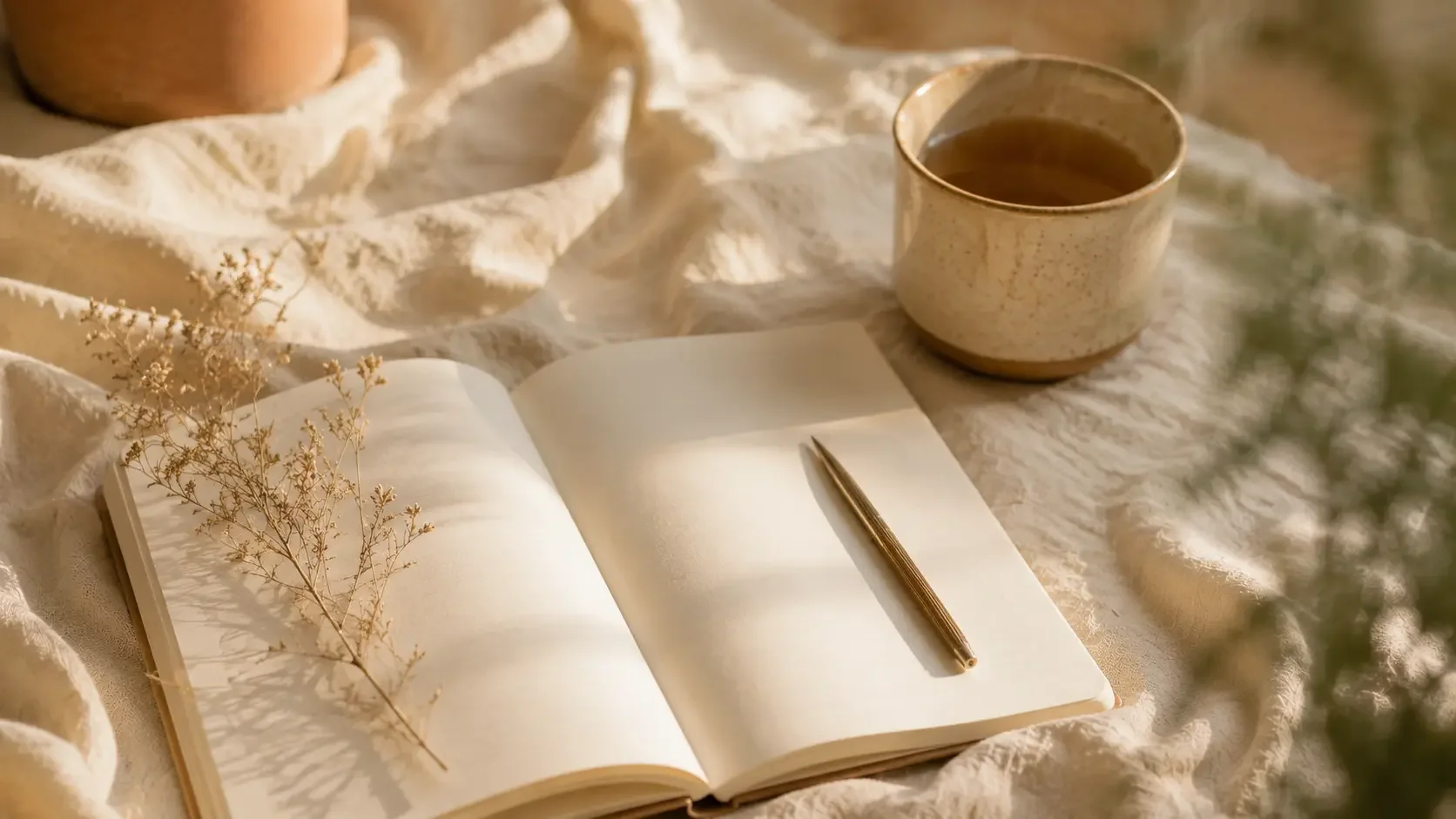 A quiet reflection still-life on warm linen in morning light: an open journal and pen, a cup of tea, and a sprig of dried botanical, evoking a pause to check in with yourself.