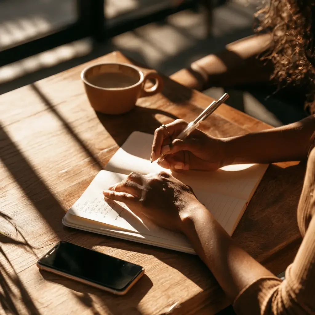A warm, candid close shot of a woman of color's hands weighing a decision at a sunlit desk, a notebook and coffee, calm and grounded in golden light.