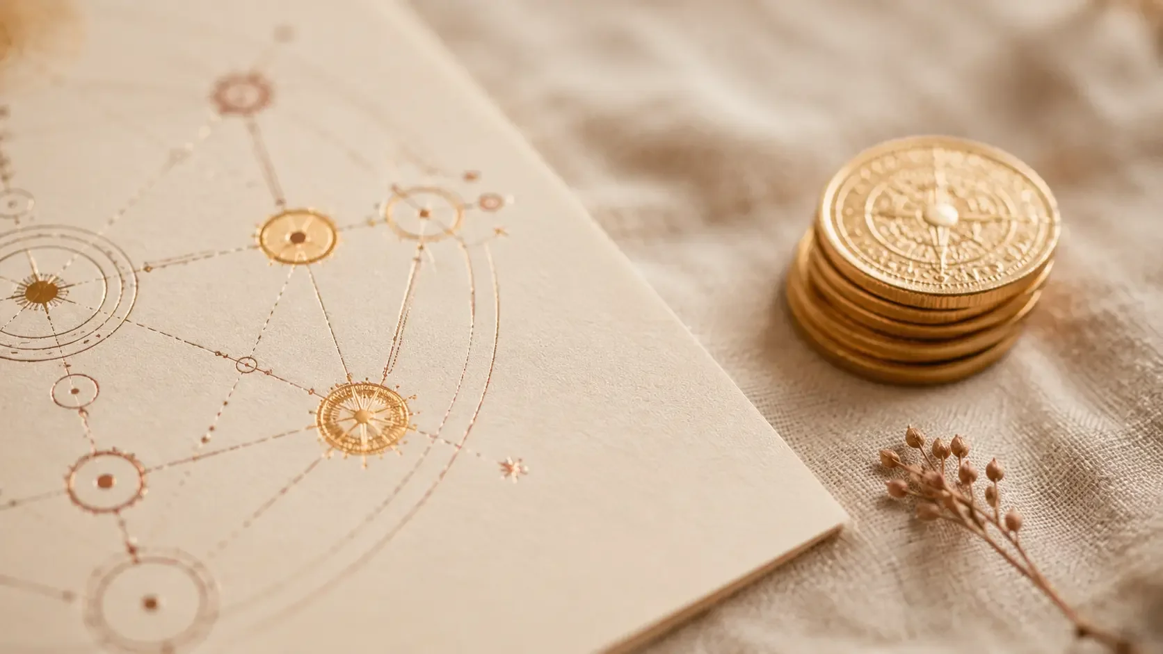 A warm close-up of a Matrix of Destiny chart corner in terracotta ink on cream paper beside a small stack of gold coins in soft daylight.