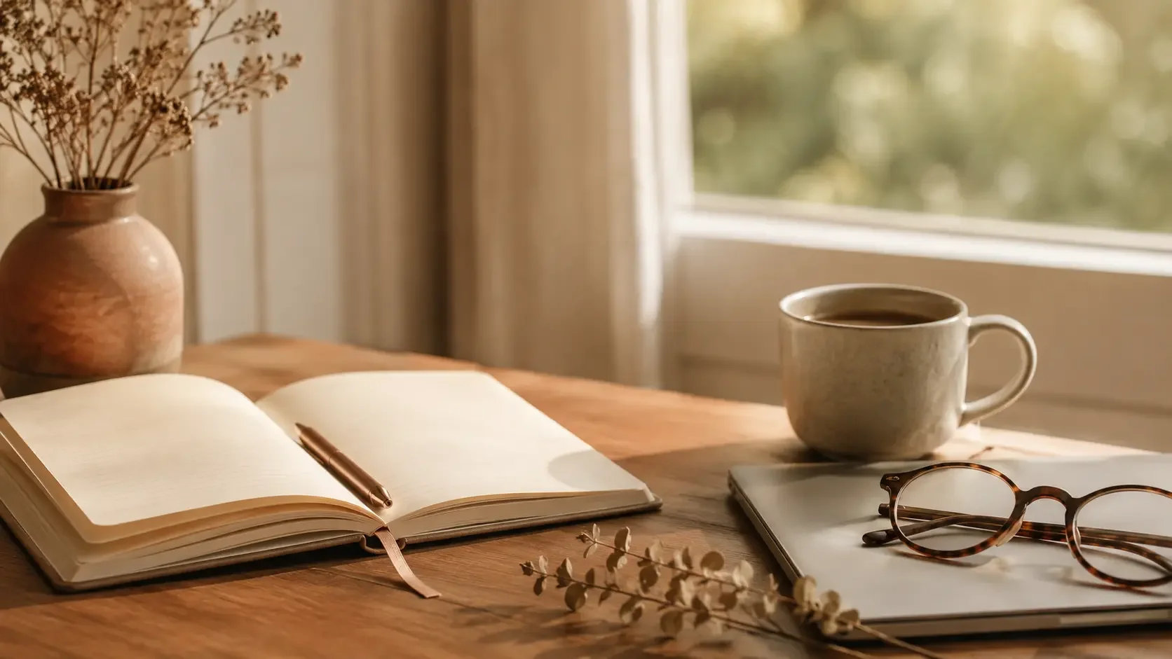 A warm still-life on a desk in soft daylight: an open journal, a cup of coffee, reading glasses, and a small dried botanical, evoking a quiet pause to take stock of a full life.