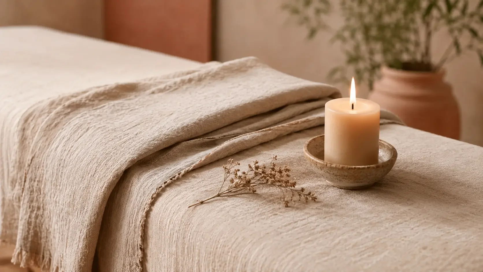 A warm still-life detail of a linen-draped treatment table corner with a lit candle and a sprig of dried botanical in soft daylight.