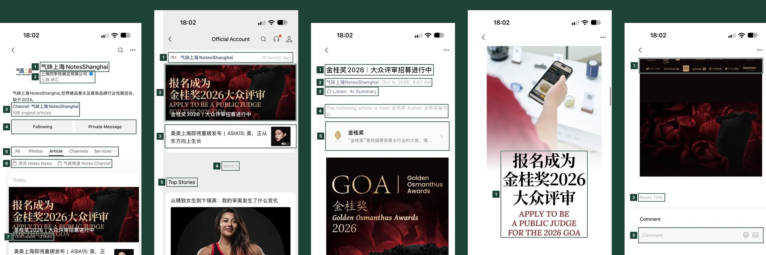 Annotated screenshots of a WeChat Official Account showing the profile, the followers feed, an article and the video channel
