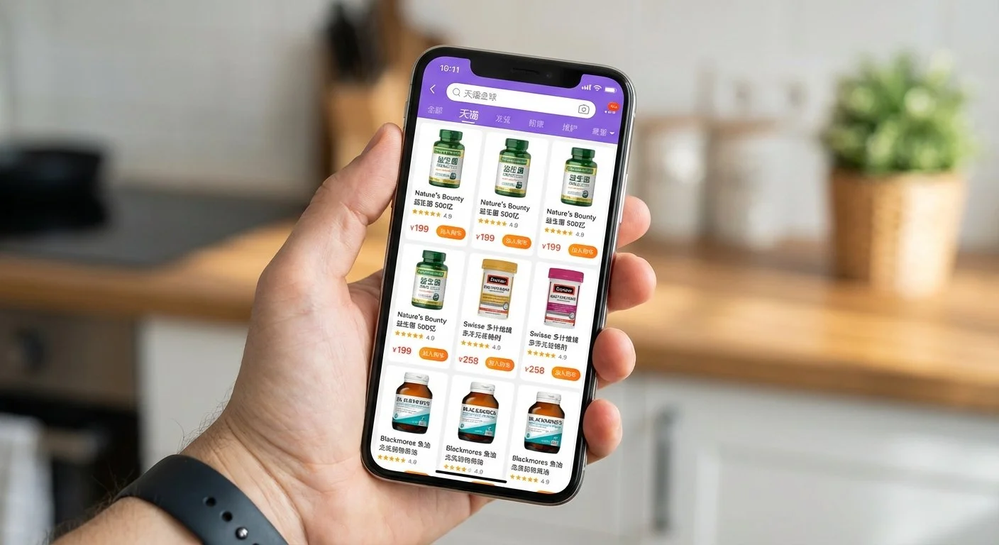 Hand holding smartphone browsing Tmall health supplements store for probiotics in China