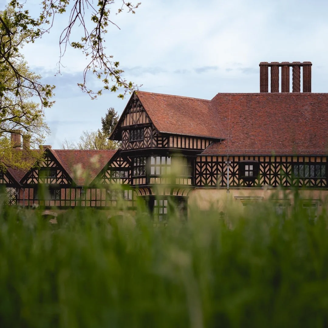 Cecilienhof Palace seen through meadow grass
