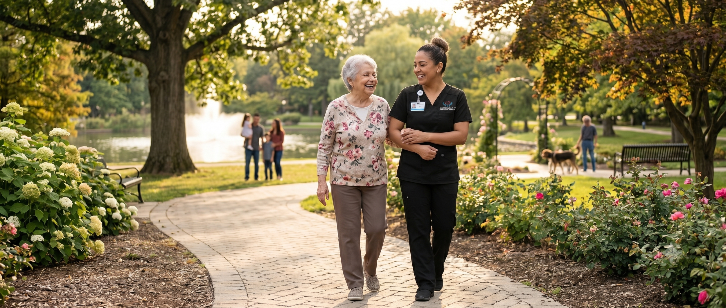 Universal Care NY caregiver walking with client in the park