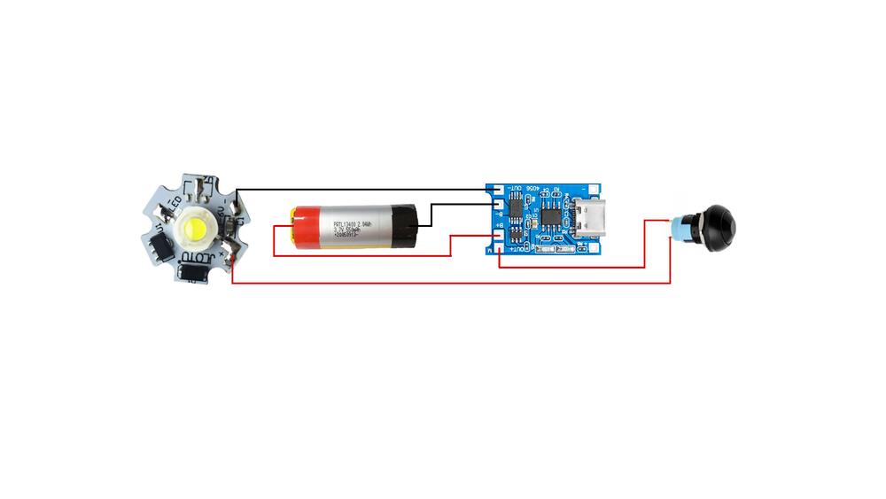 Wiring diagram for the torch: LED module, push button, USB-C charging circuit and cell.