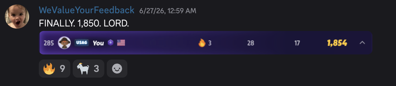 Screenshot of Sam posting in the USAG Discord after reaching an ELO of 1,850