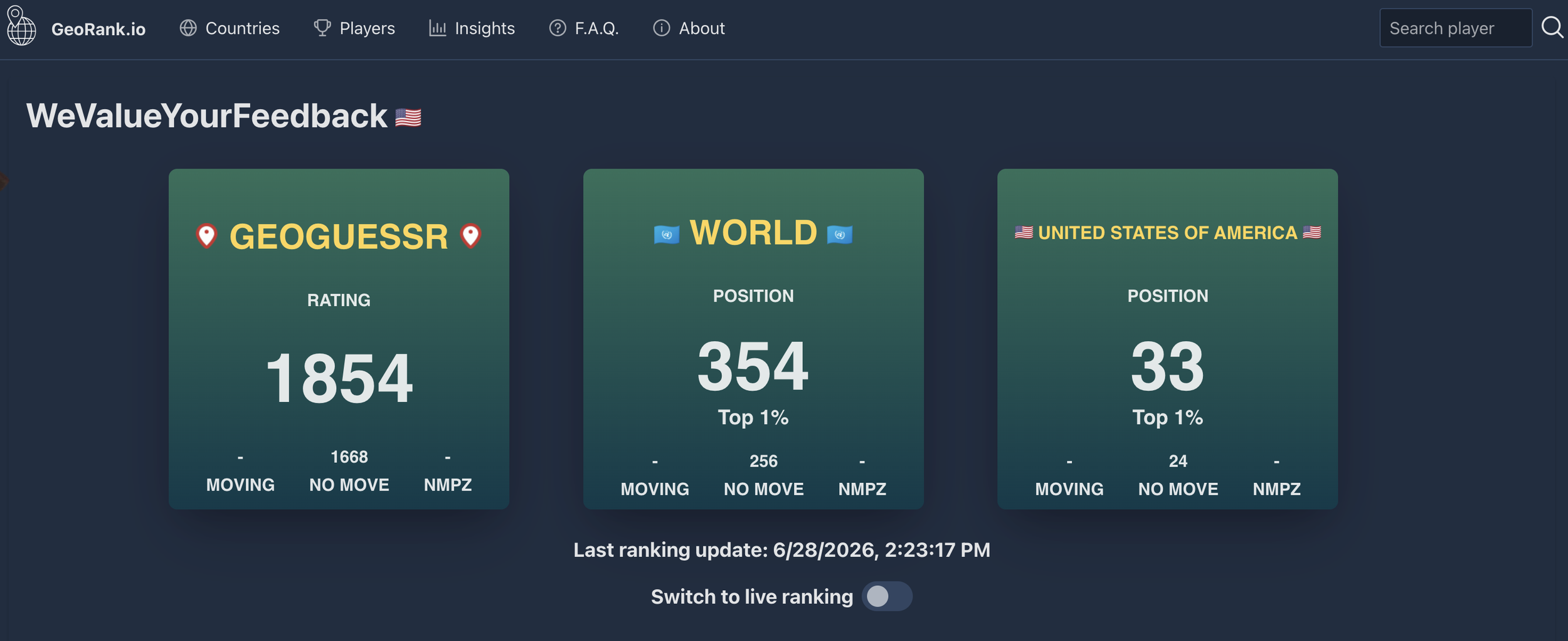 GeoGuessr world ranking showing 354th place