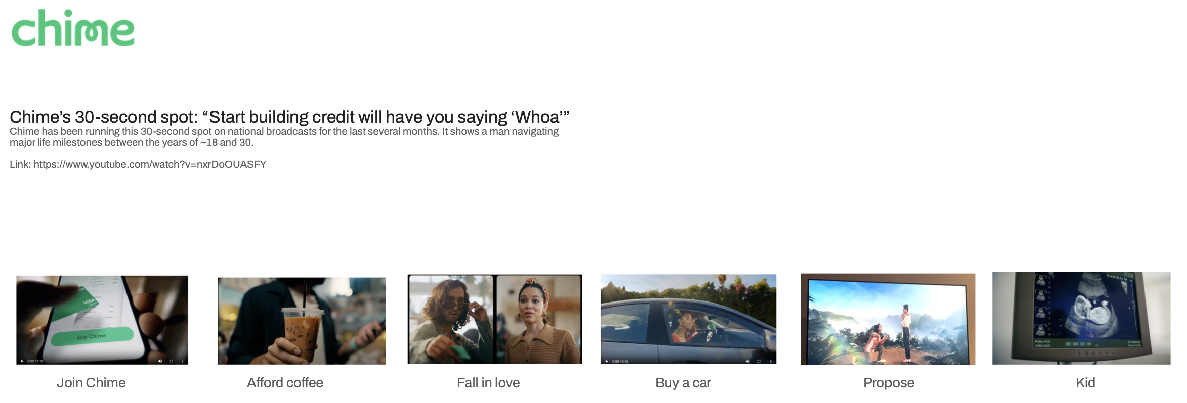 Chime's advertising promises, illustrated through scenes from its Start building credit commercial