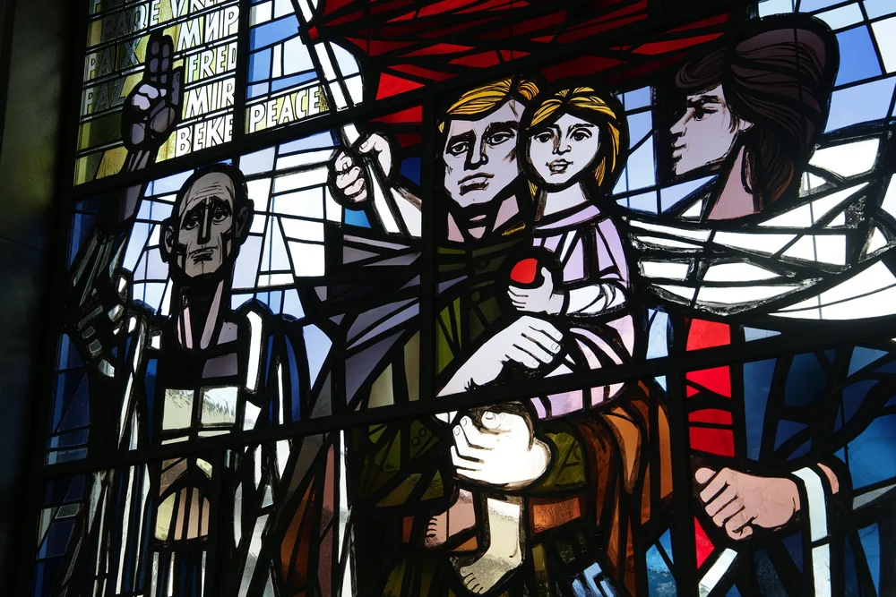 GDR-era stained-glass window at the Sachsenhausen Memorial