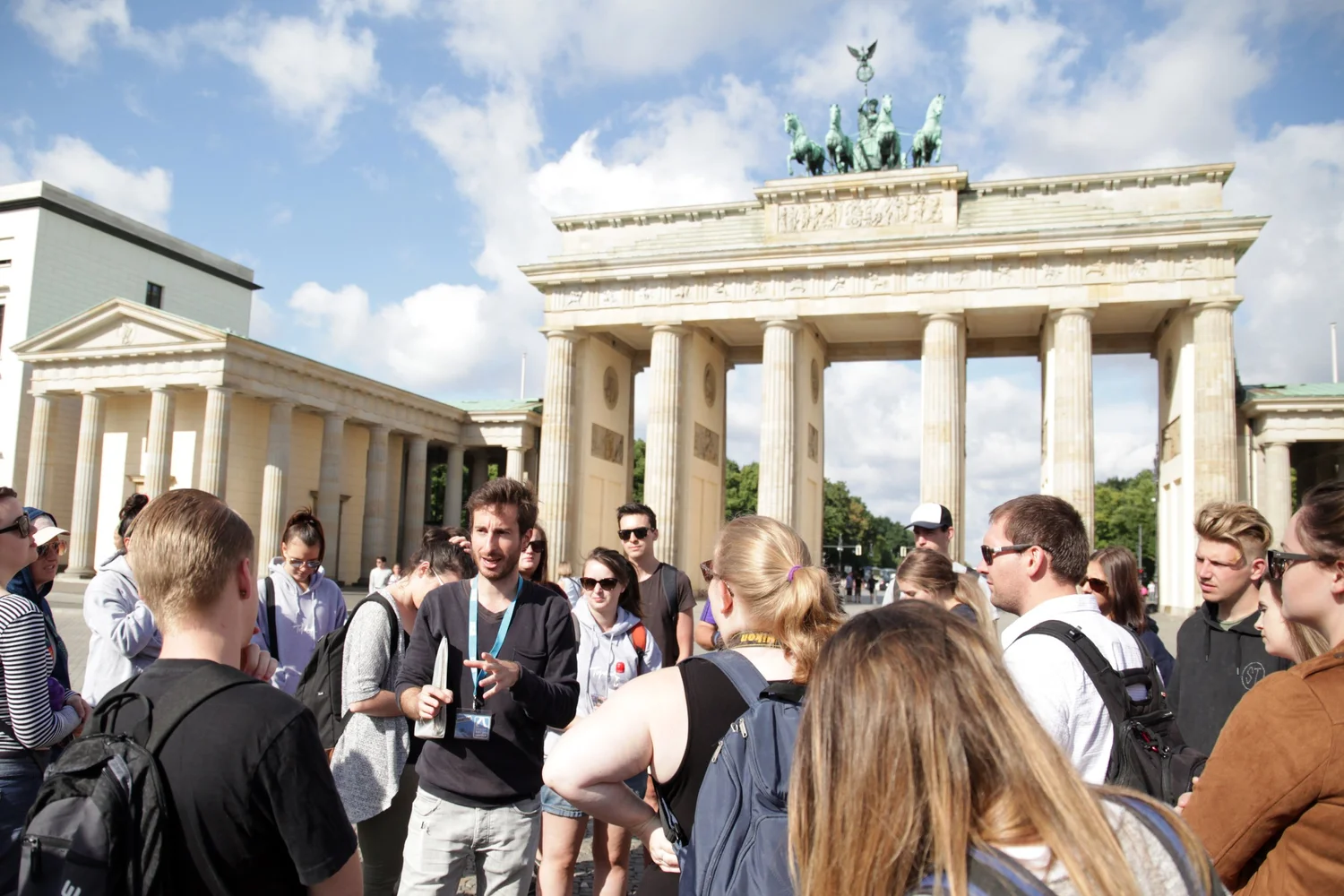 Guide in action at the Brandenburg Gate, Berlin