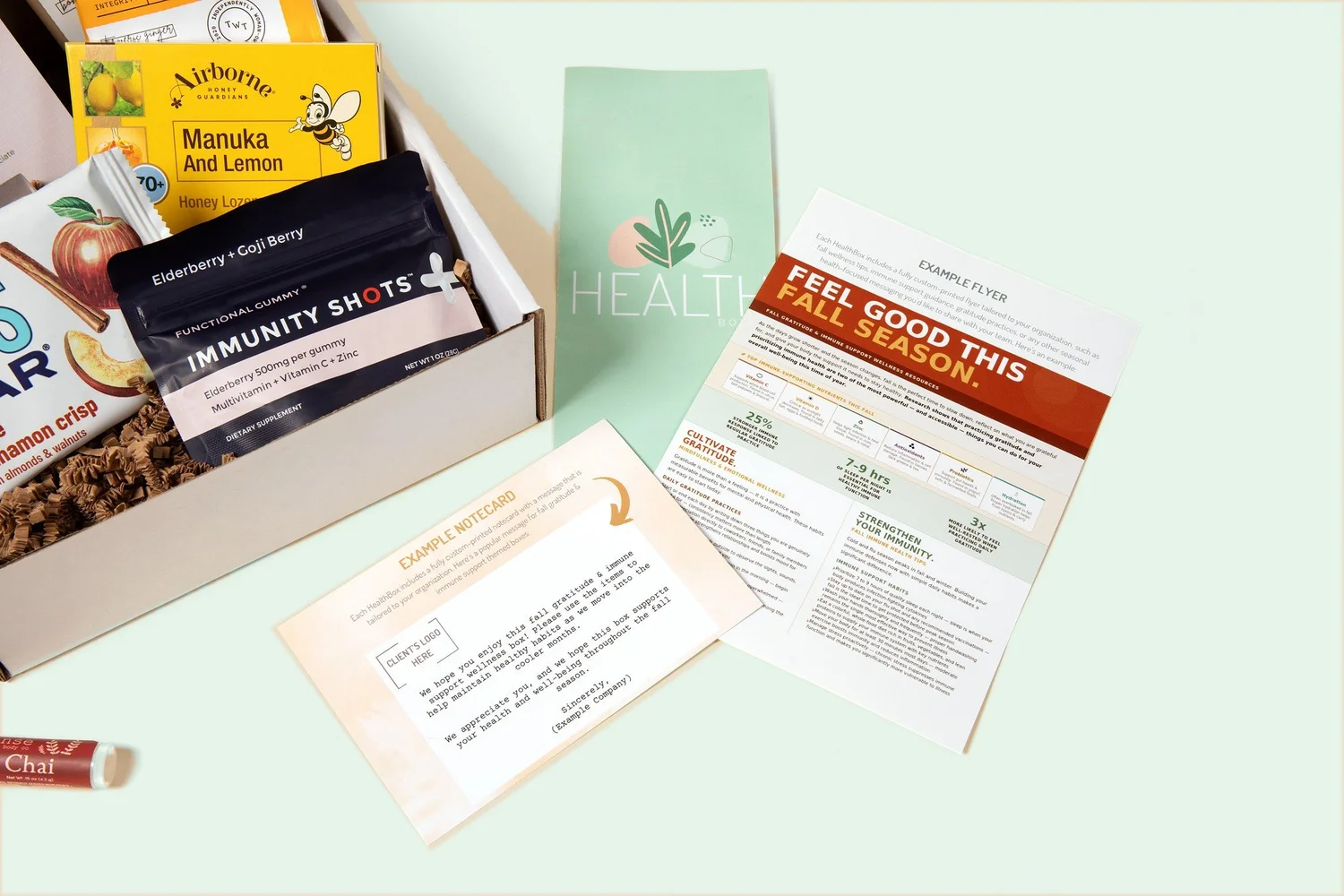 A HealthBoxed wellness box with a custom printed flyer and HR notecard