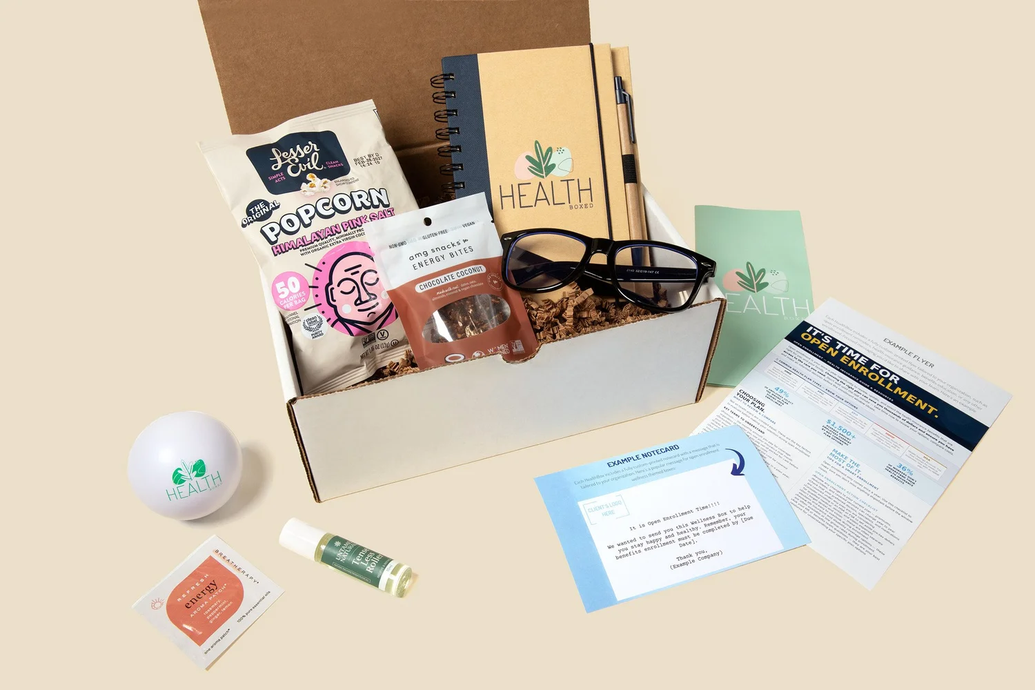A HealthBoxed wellness box with a custom printed flyer