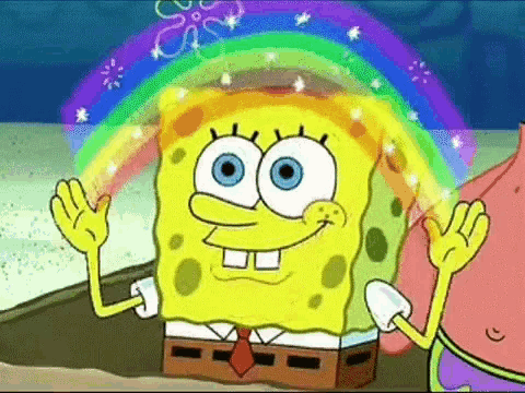 A yellow sponge with eyes and hands makes a rainbow over it's head and says "Imagination" 