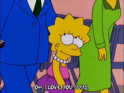 A small, girl (Lisa Simpson) walks between two adults and says "Oh, I love you guys"