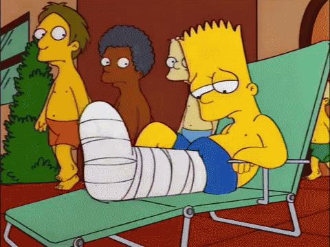 Image shows Bart Simpson, in a cast, holding a pen out for a parade of friends to sign. No one does.