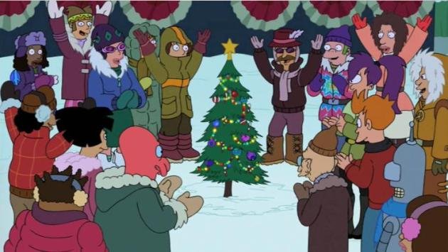 An assorted cast of loveable misfit humans and aliens stand around a Christmas Tree.