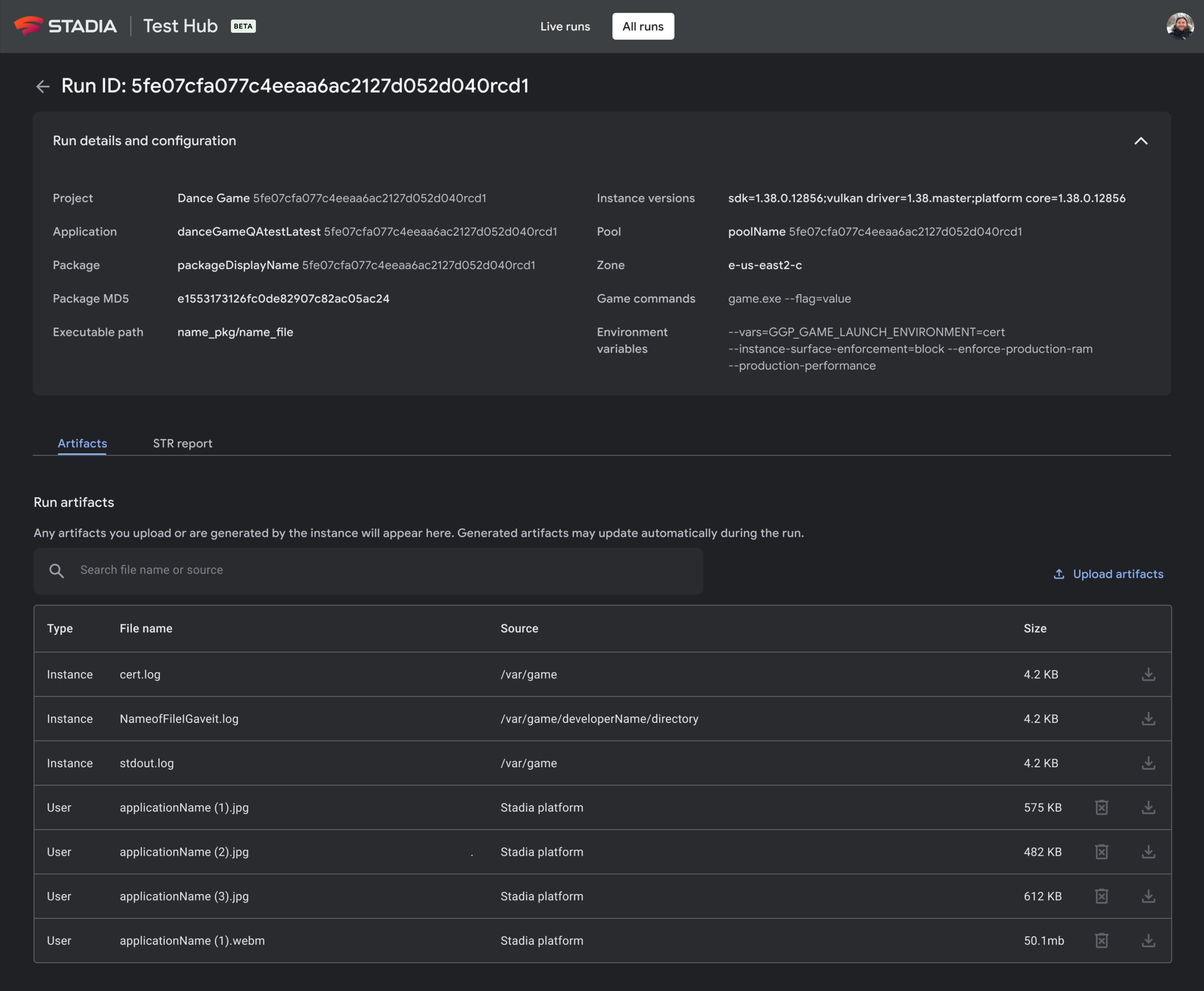Screenshot of the Run Details page from Test Hub