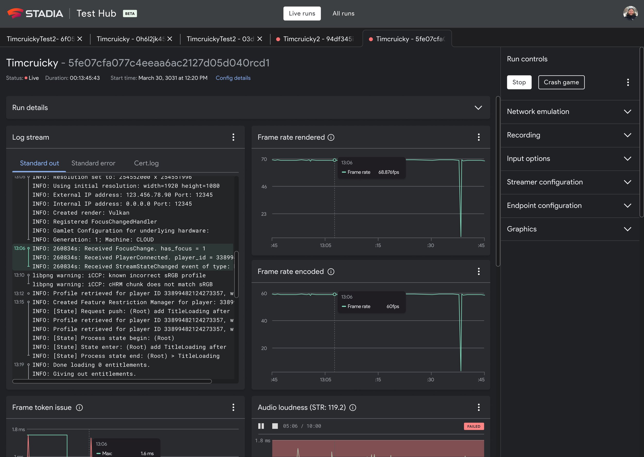 Screenshot of a live run on Test Hub
