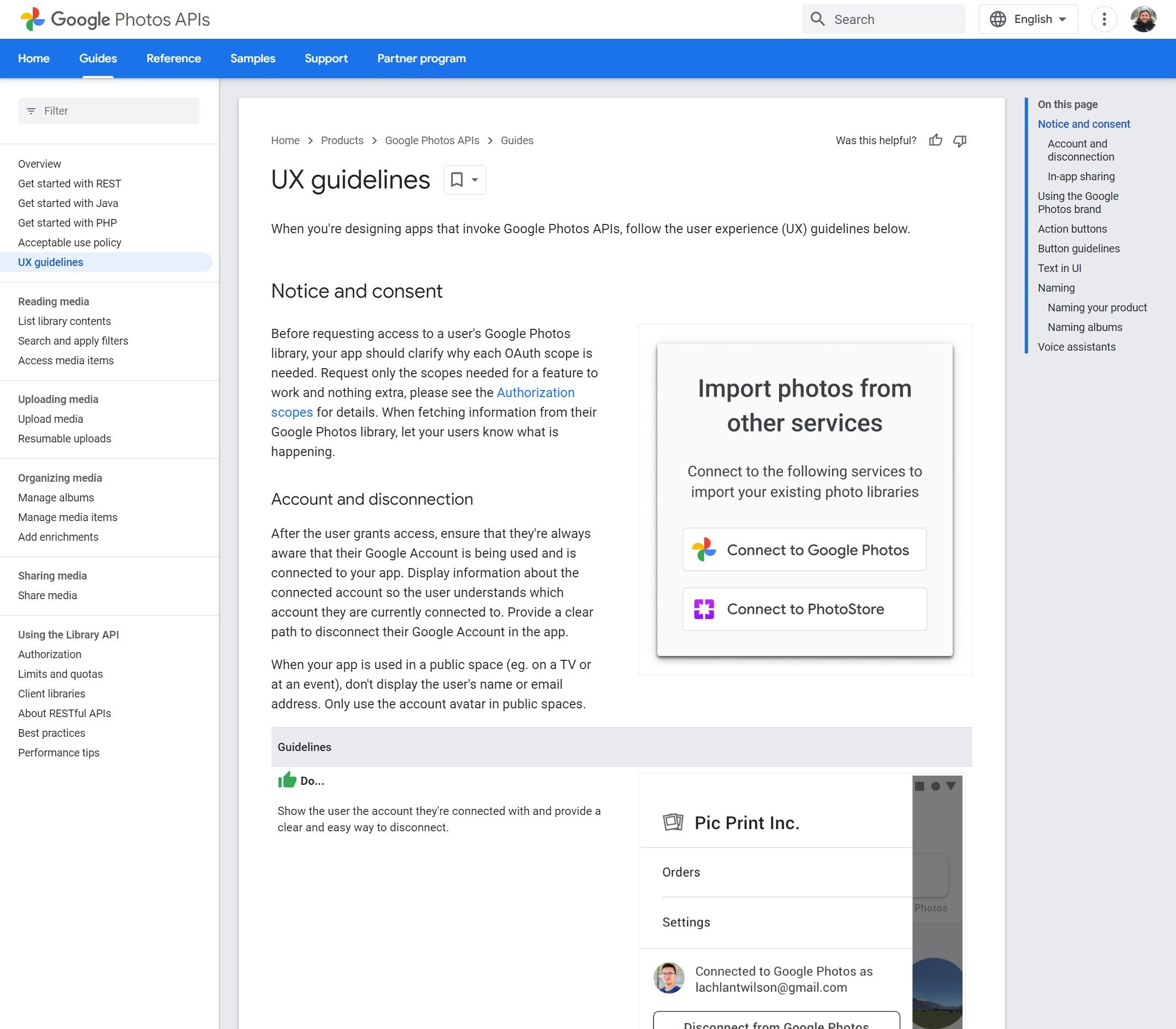 Screenshot of the Google Photos APIs UX Guide page