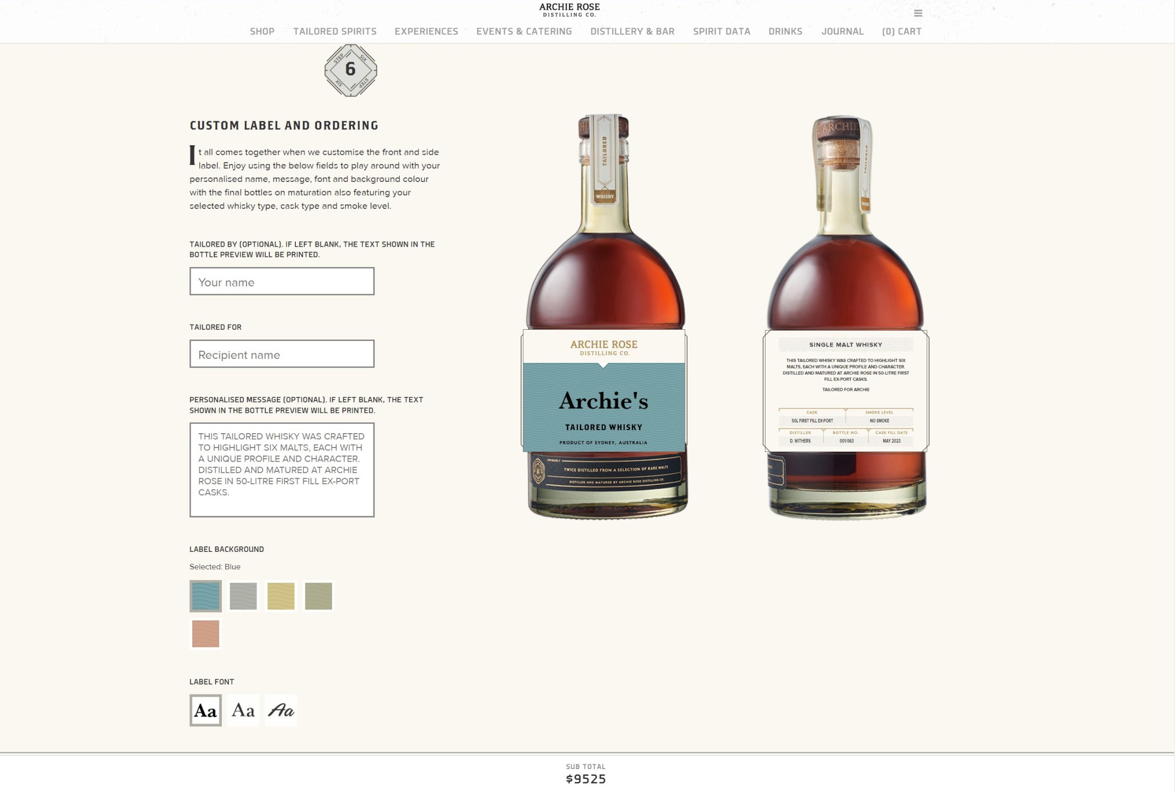 Screenshot of product customization