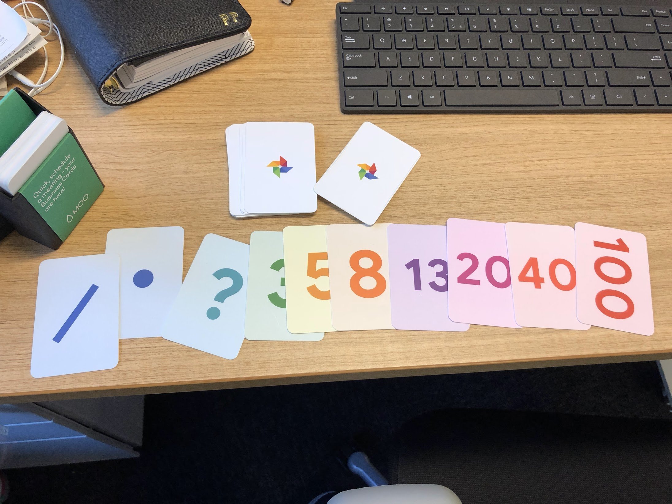 A photo of estimation cards spread out on a desk