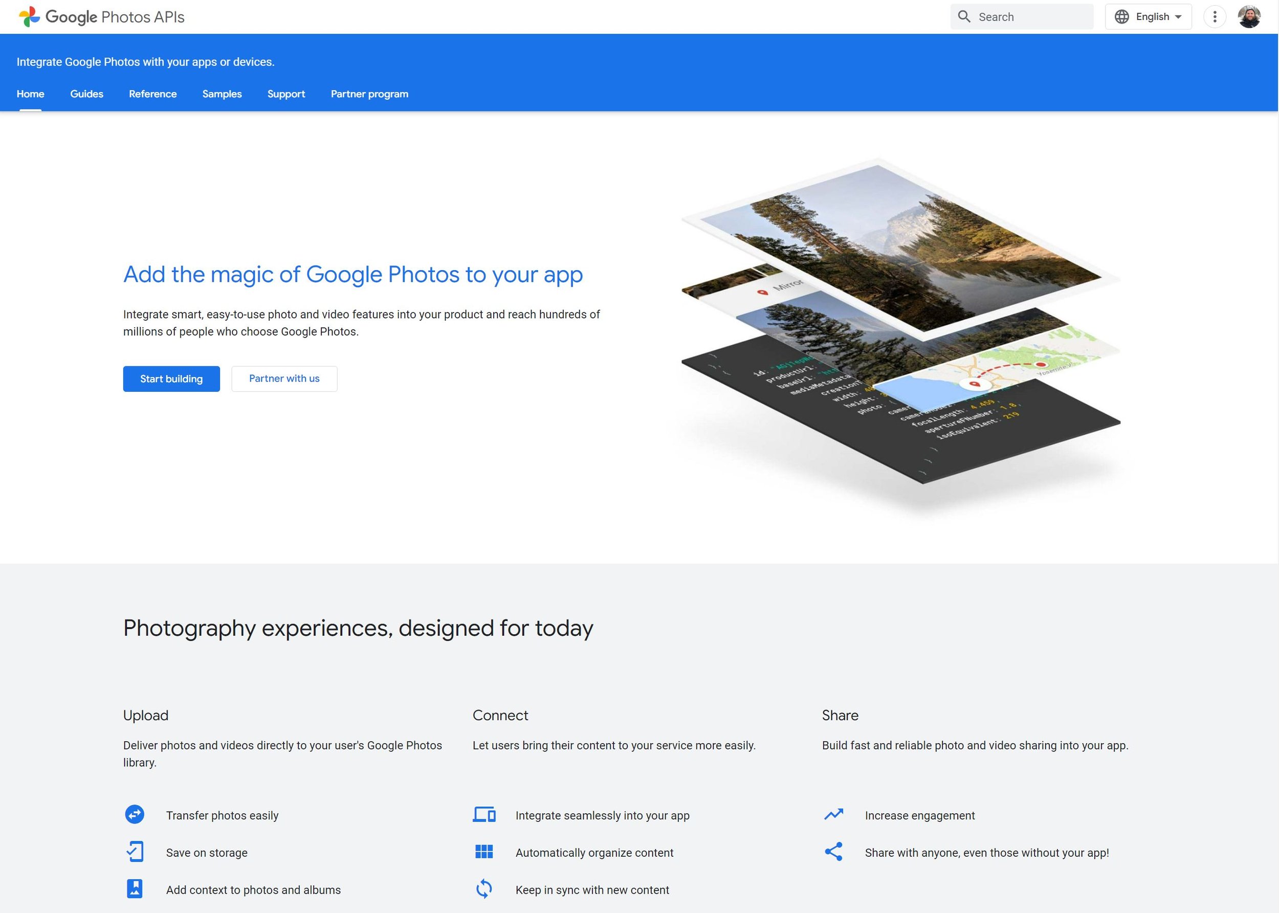 Screenshot of the Google Photos APis home page