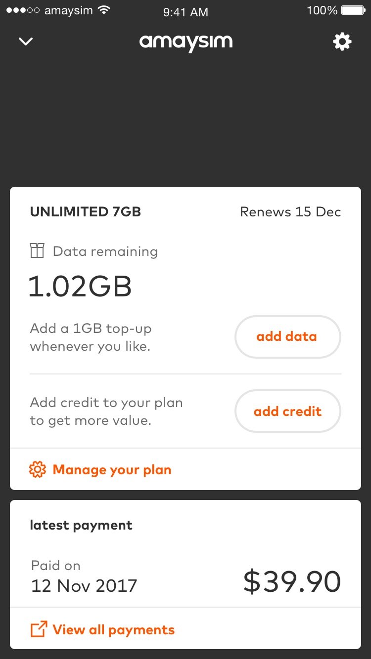 Screenshot of an Amaysim plan details card