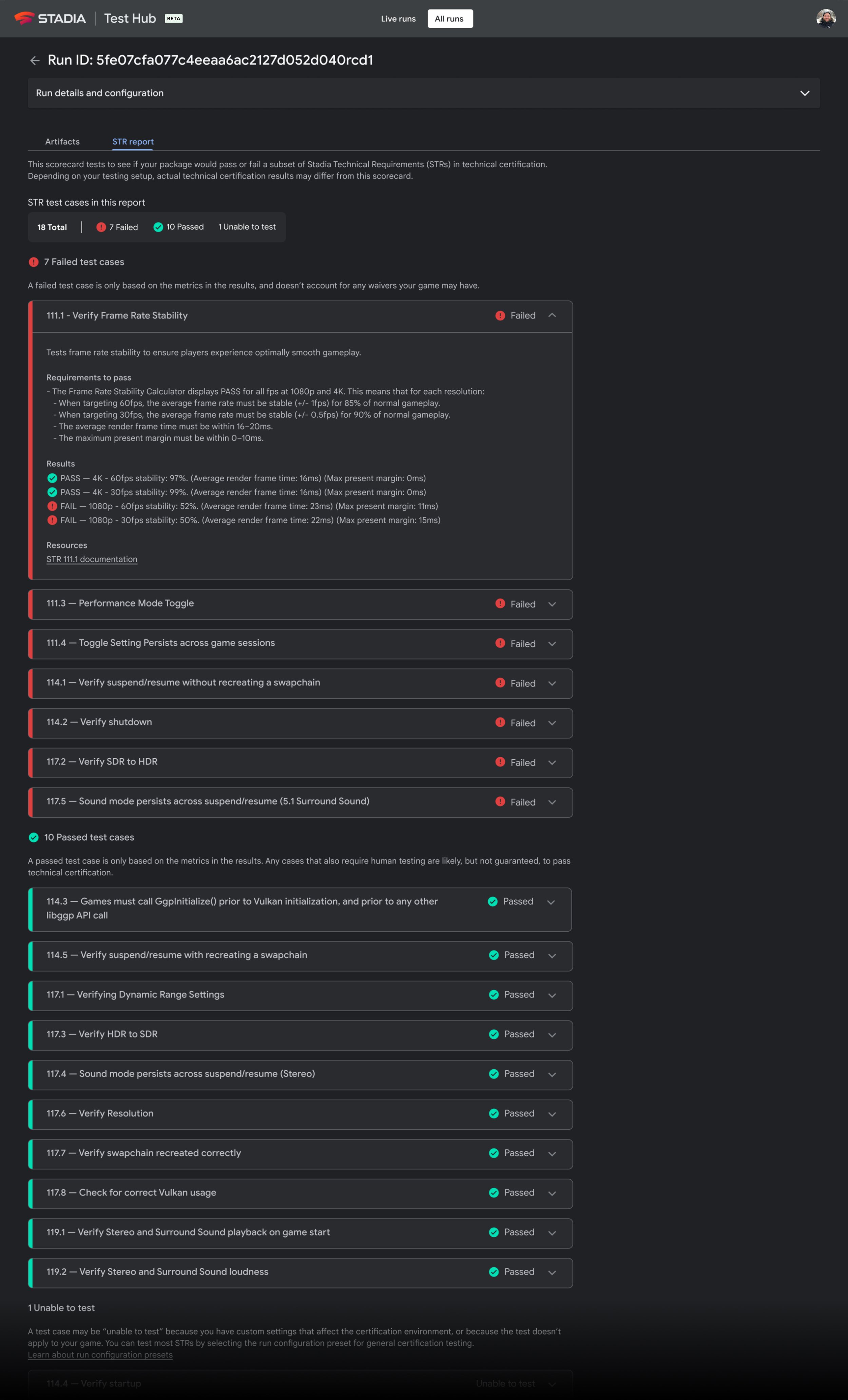 Screenshot of the Run STR certification report from Test Hub