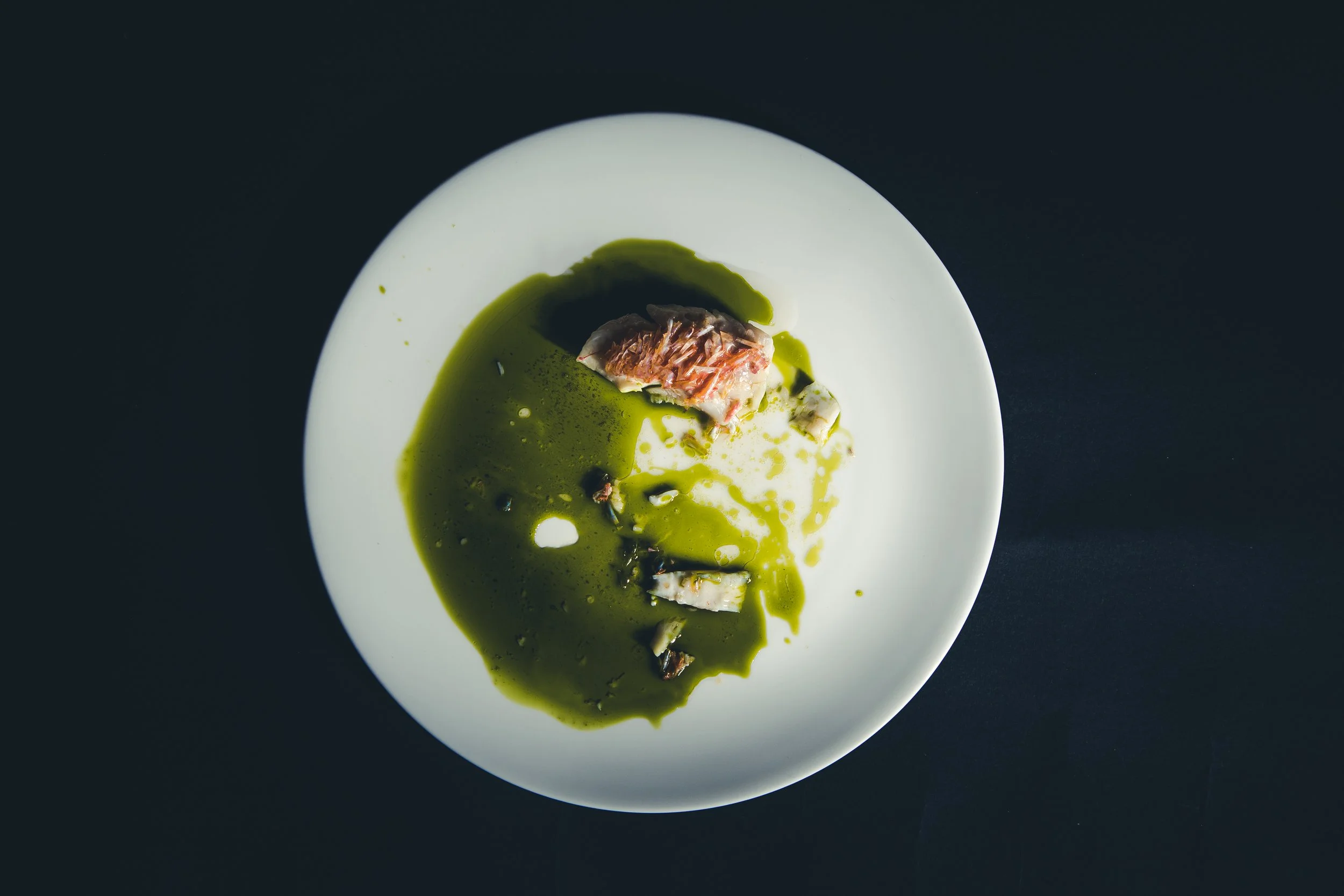 A finished dish with a vivid green sauce on a white plate