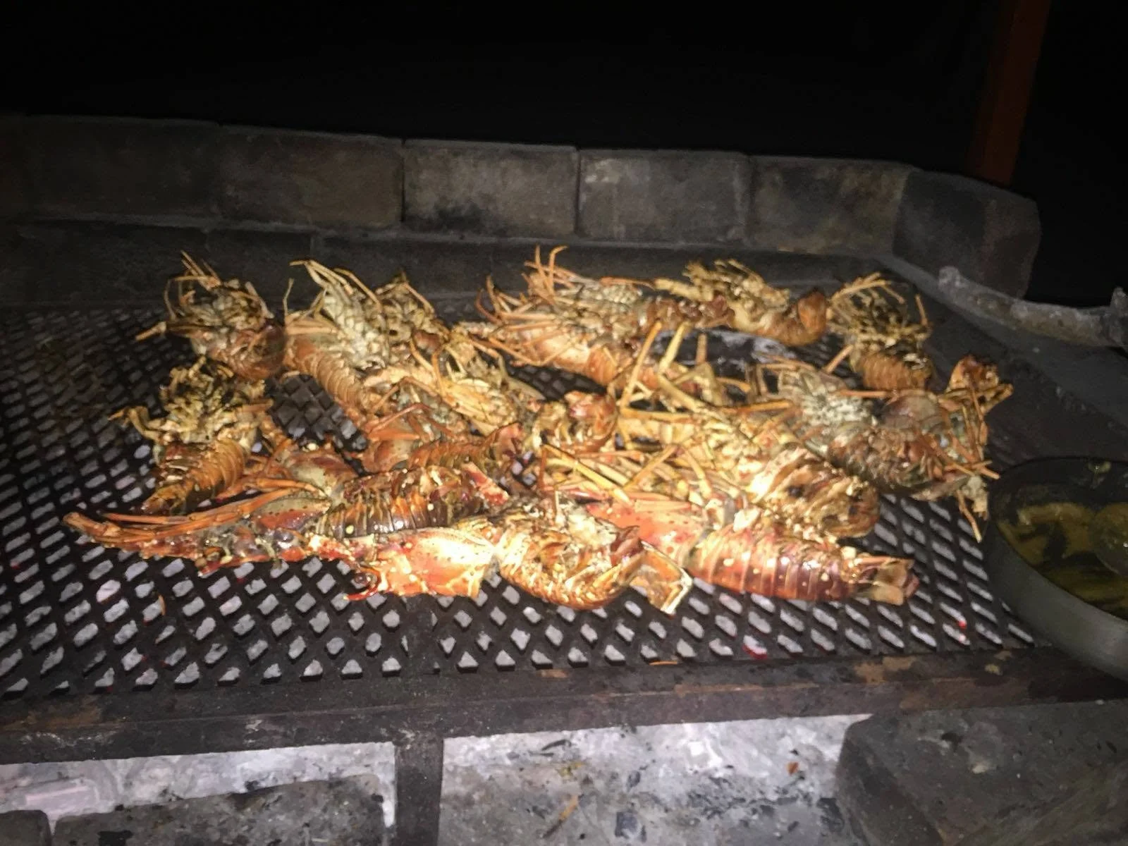 Fresh lobsters grilling over fire at E-Z Boy Tours