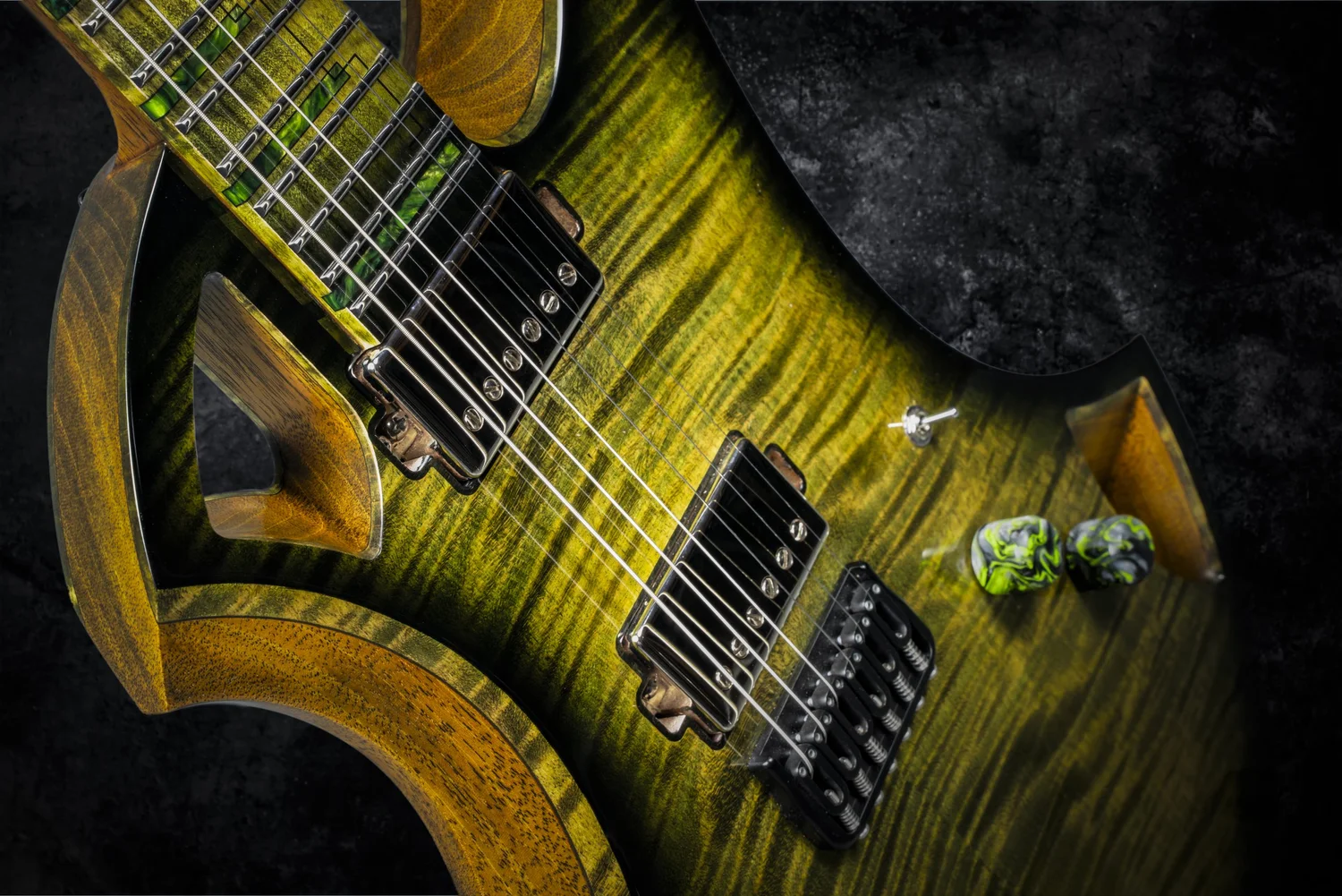 Green Scarab Gatorburst front detail showing the twisting inner wall of the upper body opening beside the neck pickup