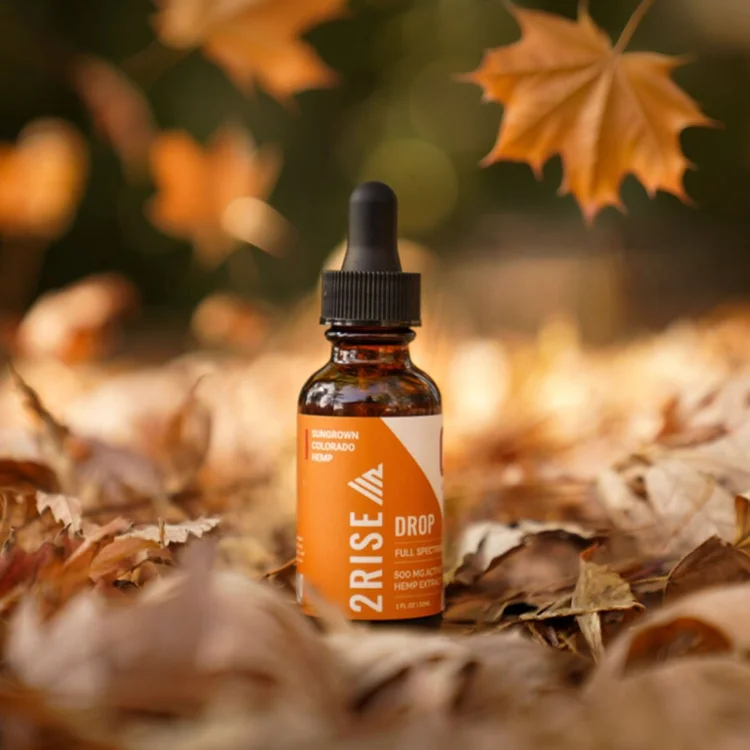 Fall seasonal wellness campaign featuring an amber tincture bottle surrounded by autumn leaves with warm golden light and soft background blur.