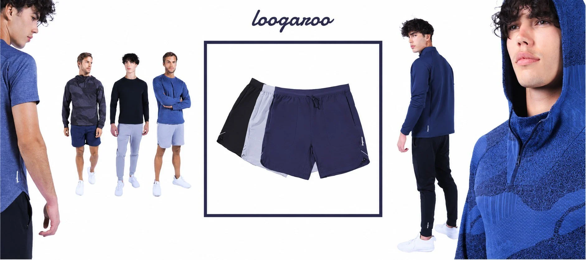 Loogaroo men's activewear e-commerce photography on white with models in hoodies and shorts, Los Angeles studio