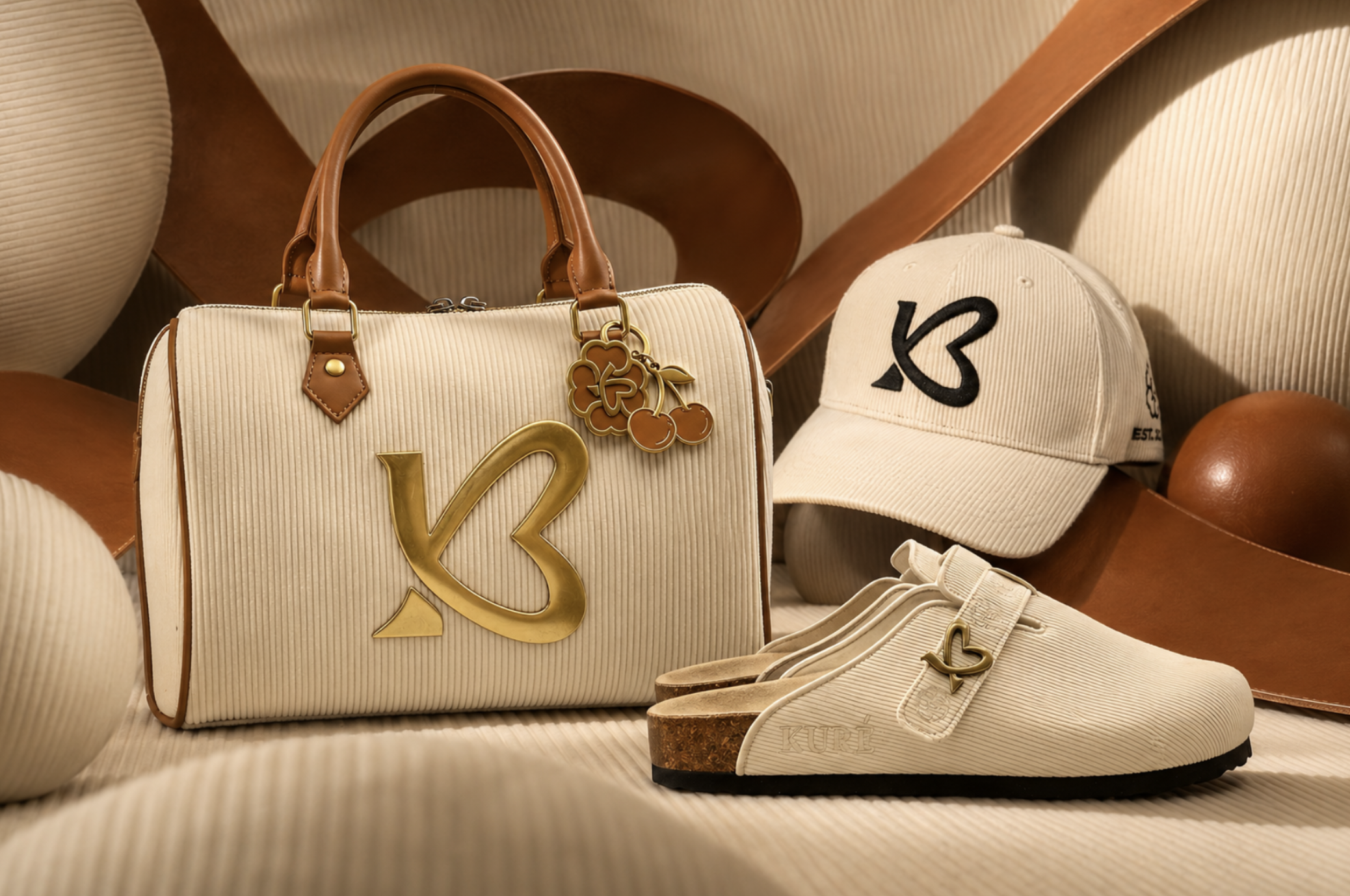 Cream corduroy handbag, cap and clogs styled with cognac leather and gold hardware in warm directional sunlight