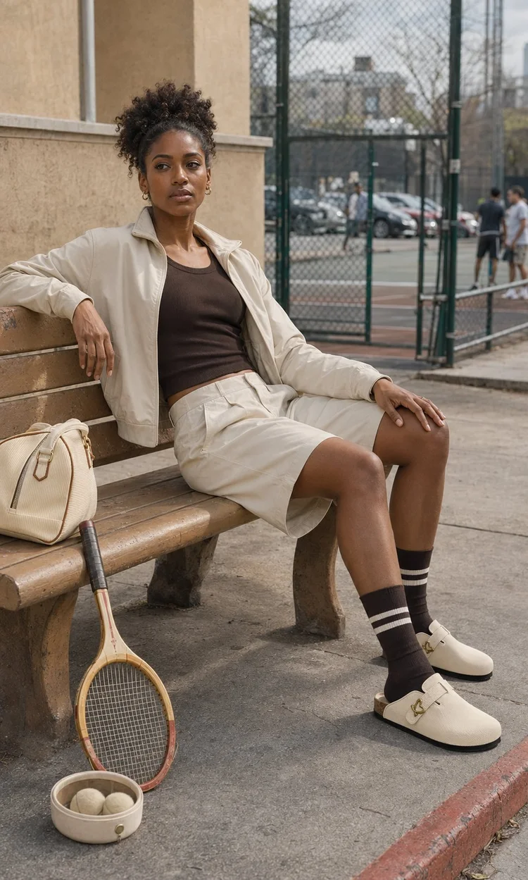 Model in a cream jacket and shorts seated on a bench for a footwear and apparel campaign