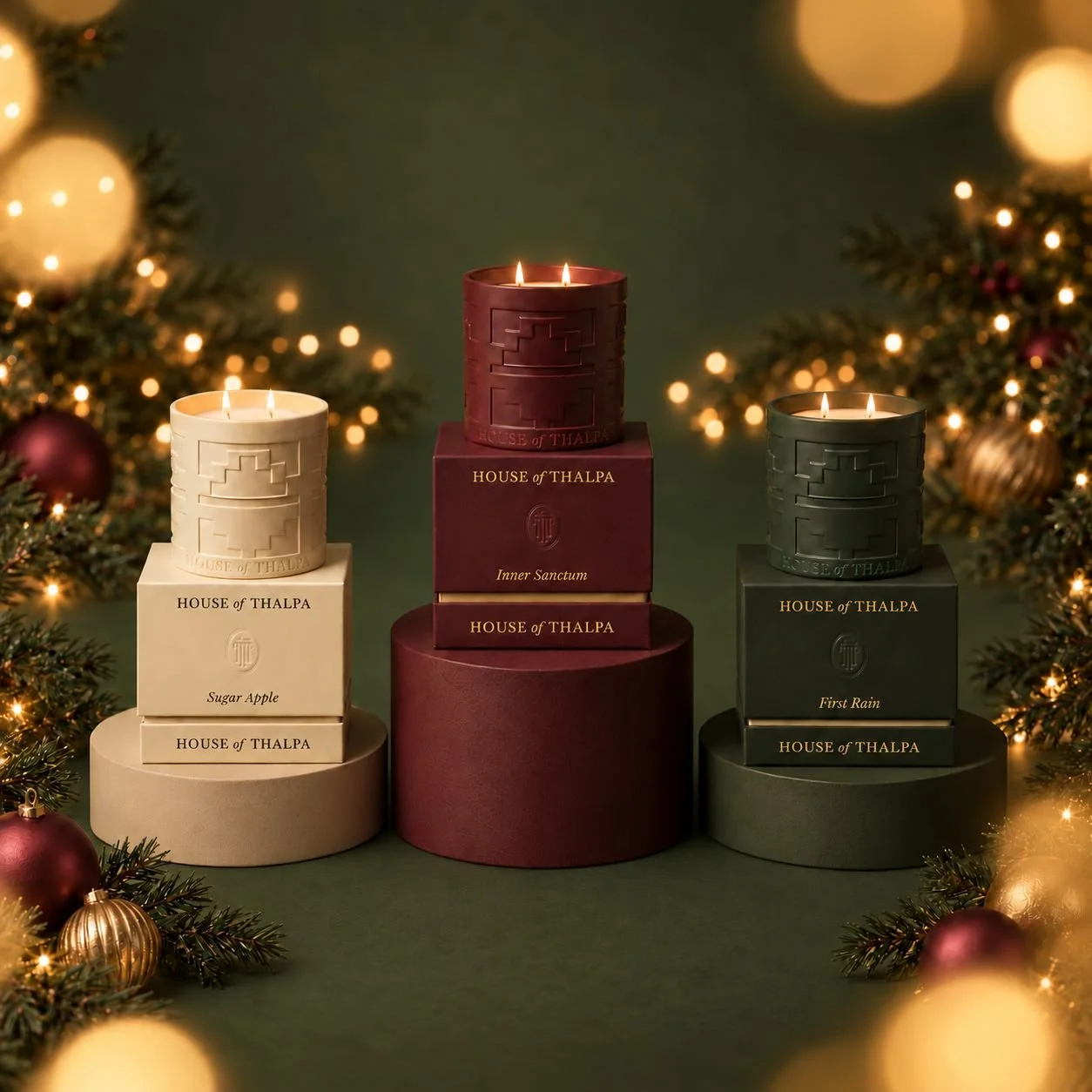 Luxury Christmas candle gift set photographed as a layered home d&eacute;cor still life, with sculptural packaging, warm directional lighting, glowing candle flames, foreground bokeh, evergreen branches and gold ornaments.