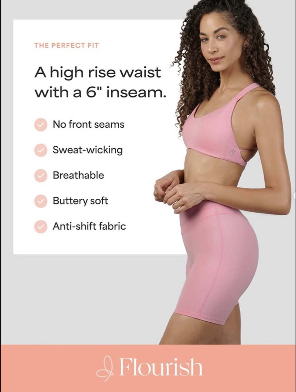 On-model activewear photography used in an e-commerce product feature graphic for a pink biker short set