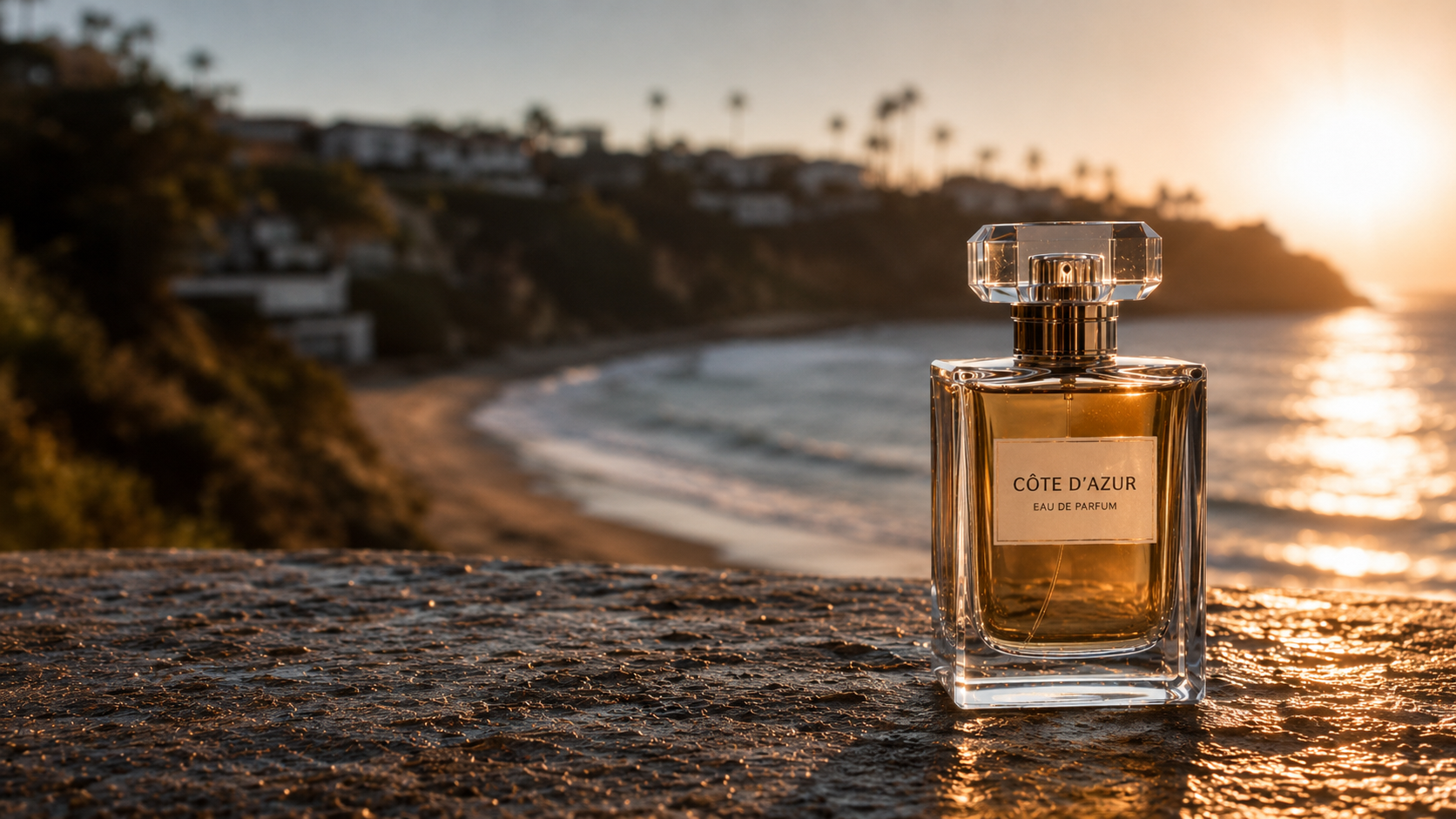 A commercial photography campaign for a luxury fragrance brand, shot at sunset in Malibu, Los Angeles