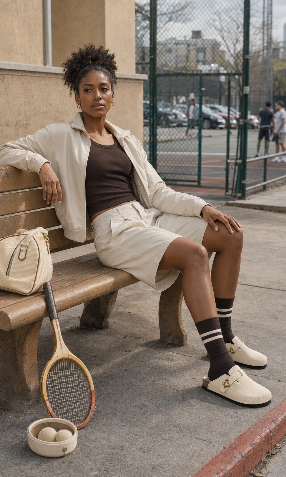 Model in a cream jacket and shorts seated on a bench with a corduroy handbag and tennis racket, shot for a lifestyle apparel campaign in Los Angeles